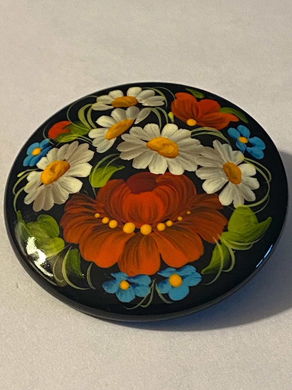 Hand-Painted Floral Lacquered Brooch Ukrainian Folk Art Floral